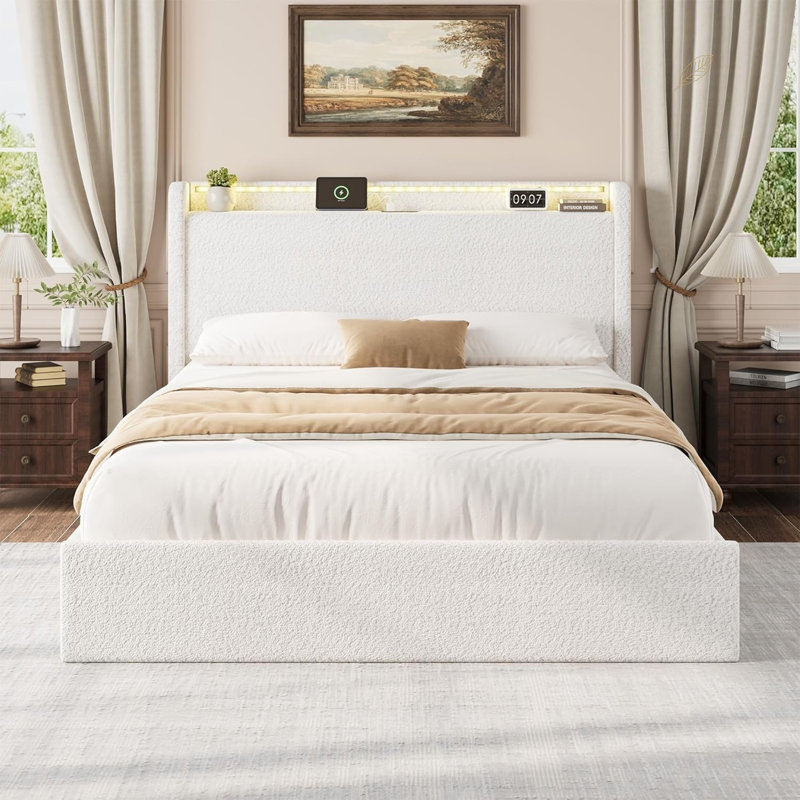 Structure de lit Boucle avec tête de lit avec rangement, structure de lit plateforme tapissier avec 4 tiroirs de rangement, aucun sommier nécessaire