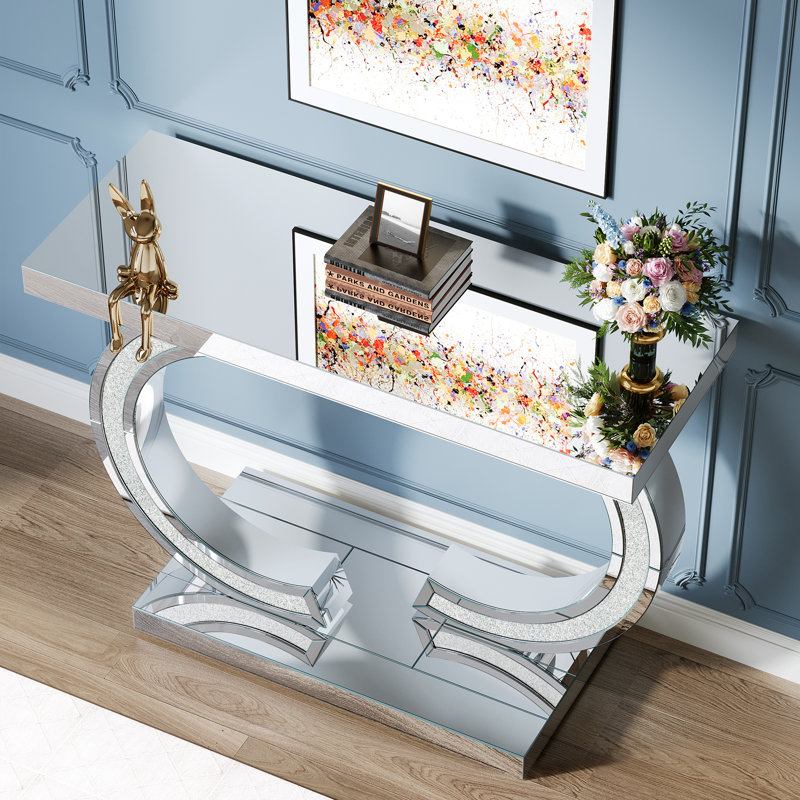 Console à miroir 39 po, table d'entrée moderne en verre argenté, Argent argent