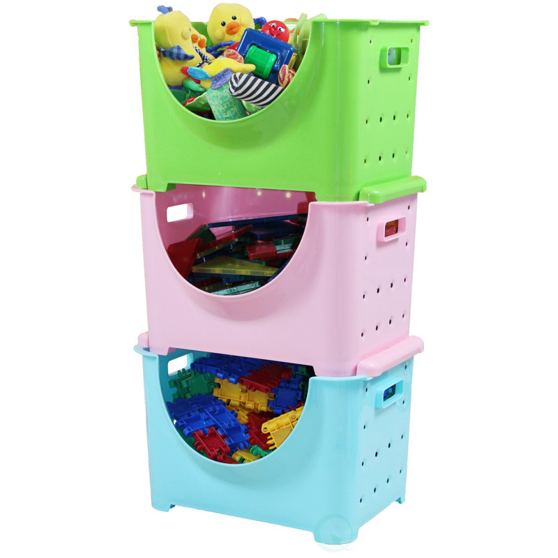 Ensemble de bacs de rangement en plastique, Vert / rose / bleu