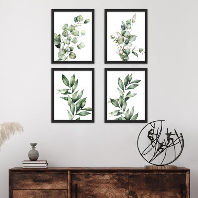 Aquarelle vert pastel, ensemble de 4 décorations murales florales variées encadrées, 4 pièces