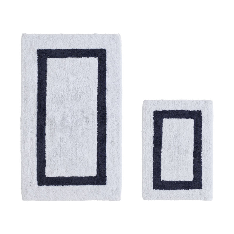 Ensemble de tapis pour salle de bain 2 pièces 100% coton 2370 g / m² Broshouse, tapis de salle de bain touffeté ultra moelleux, super absorbant certifié OEKO-TEX®, réversible, lavable à la machine, confort semblable au spa, blanc / bleu marine