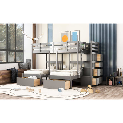 Full Over Twin & Bunk Bed, Gray, Solid Pine Wood Structure, Guardrails For , Storage Drawers Stair To Upper Security,