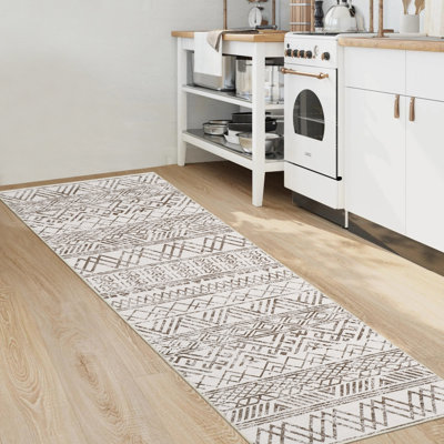 Tapis brun / blanc en polyester tissé à la machine Kirubel