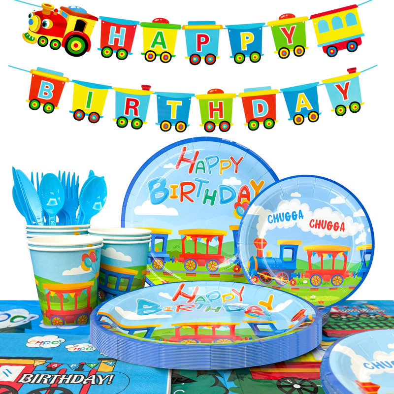Train Birthday Party Supplies,128pcs Train Party Decorations Tableware Set