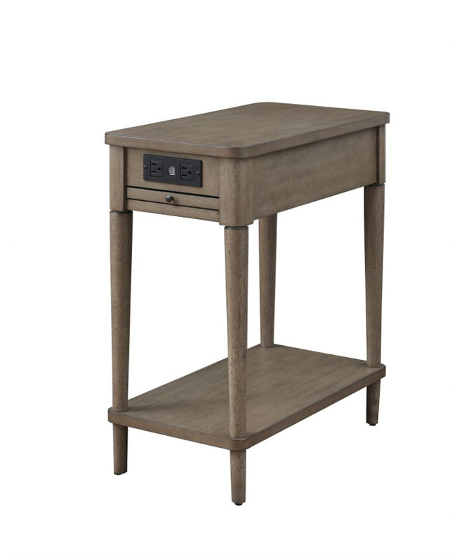 Solid Wood Top End Table and Built-In Outlets, Gray Birch