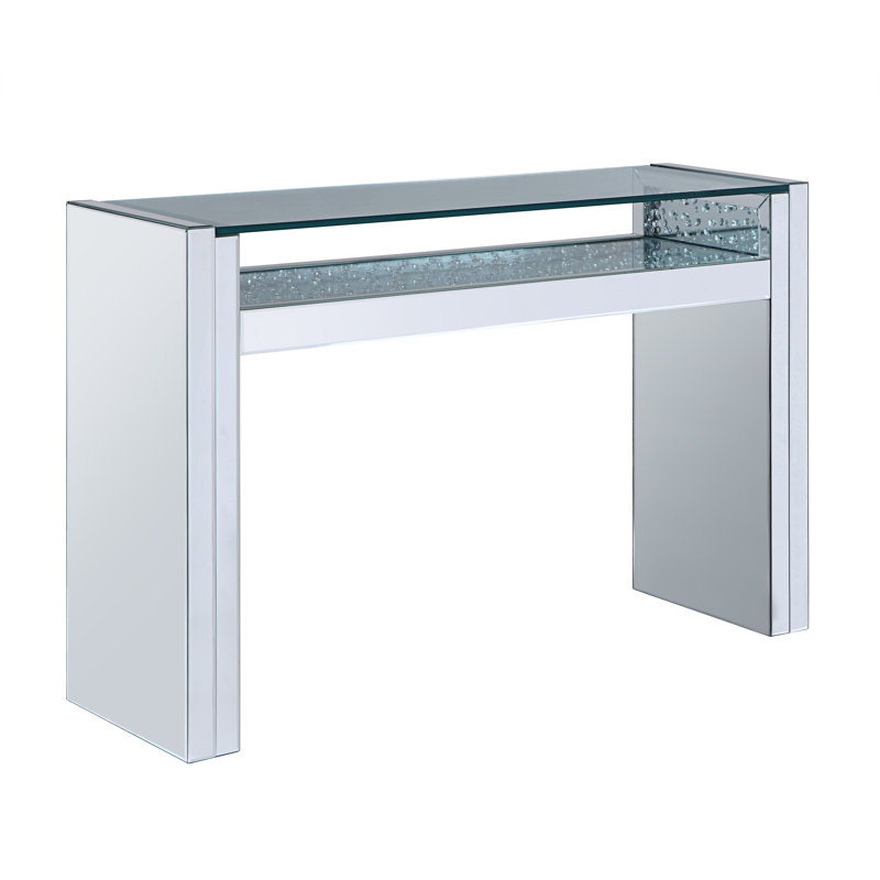 Longo Glam Rectangular Sofa Table with Bottom Shelf in Mirrored & Faux Crystals
