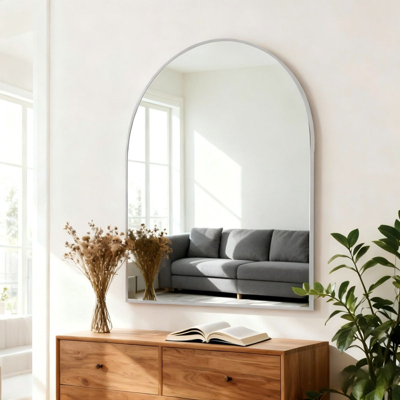 Tempered Glass and Aluminum Alloy Framed Decorative Wall Mirror, Silver, 36" x 30"