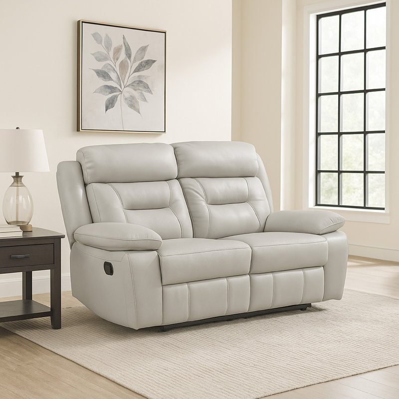 Causeuse inclinable Conia, cuir, USB, 63 po, Gris clair argenté, Manuel - Bouton-poussoir