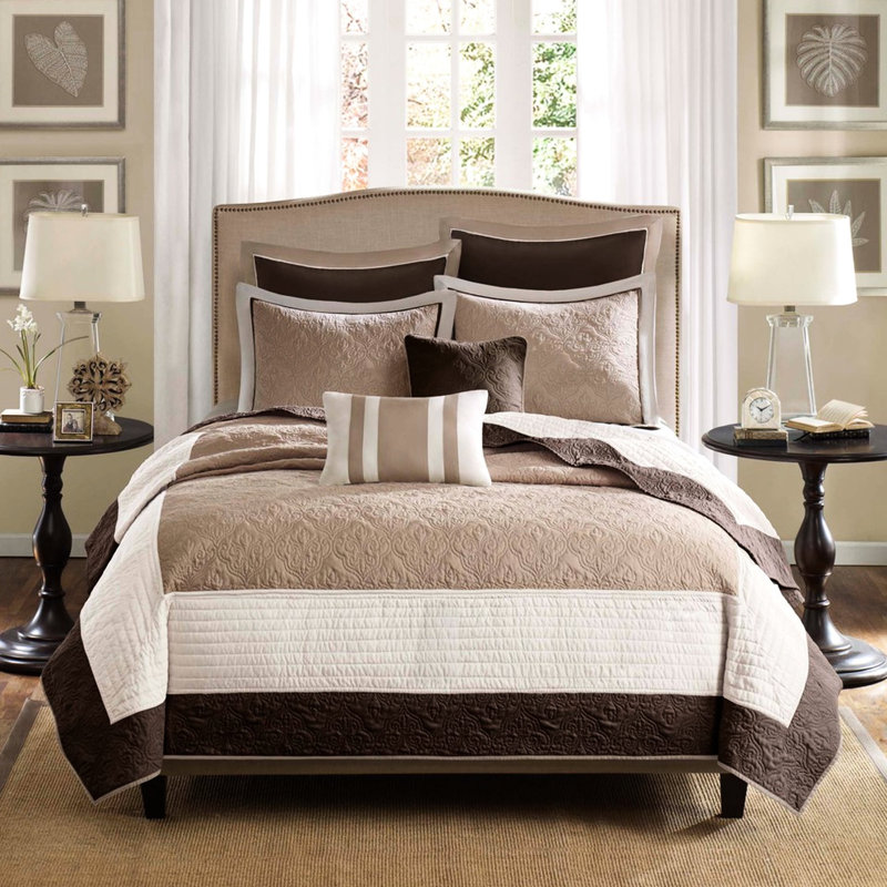 Courtepointe beige 7 pièces, coussins décoratifs Medallion Euro, conception douce et lavable, Beige