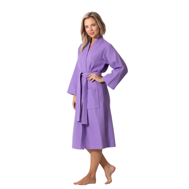 Peignoir mi-mollet 100% coton gaufré avec poches, Mauve