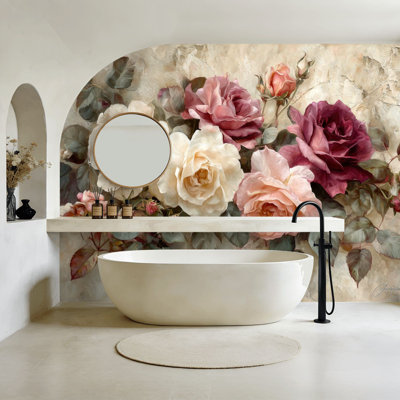 Papier peint auto-adhésif mural rétro à motif floral roses, mauve et crème, H 100 po x l 144 po, adhésif mural pour chambre à coucher, bureau à domicile