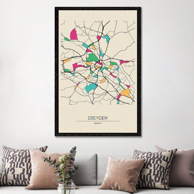 Dresden, Germany Map by Ayse Deniz Akerman - Floater Frame Print on Canvas