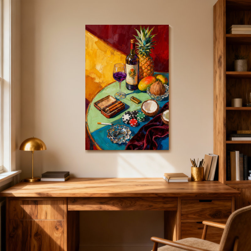 Mode nature morte avec des fruits et du vin, H 36 po x l 24 po