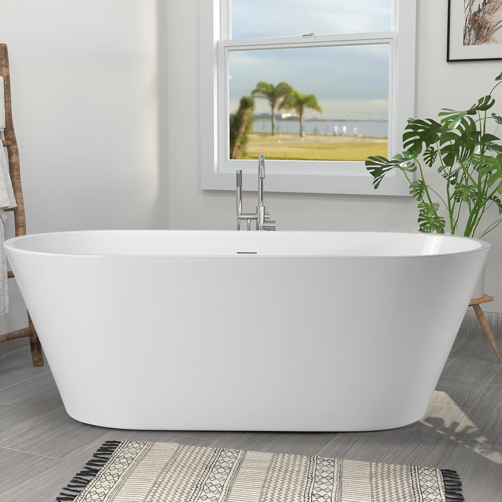 55 in. Acrylic Flatbottom Oval Freestanding Soaking Tub Non-Whirlpool Double-Slipper Bathtub in Gloss White