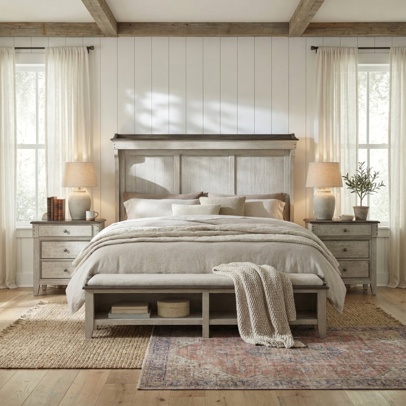 Ensemble de chambre avec lit de rangement et deux tables de chevet Cathleen, Très grand