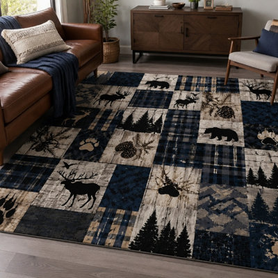 1 pièce Rustic Wildlife Patchwork Design - Grain de bois, écossais, ours, cerf, wapiti, pomme de pin, empreinte de patte, arbres de forêt, utilisation à l'intérieur, grand tapis, envers antidérapant pour la maison