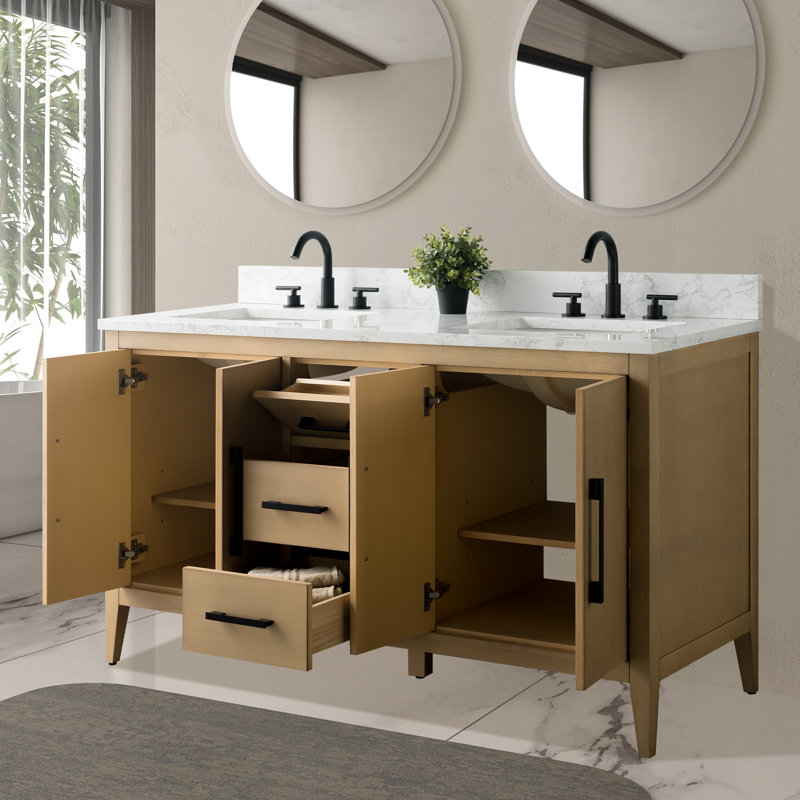 Ensemble de meuble-lavabo double 60 po, Chêne naturel, Noir mat