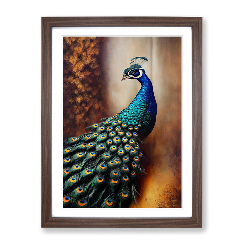 Peacock View No.1 - Wall Art, 66cm H x 48cm W, Walnut Framed Paper, White