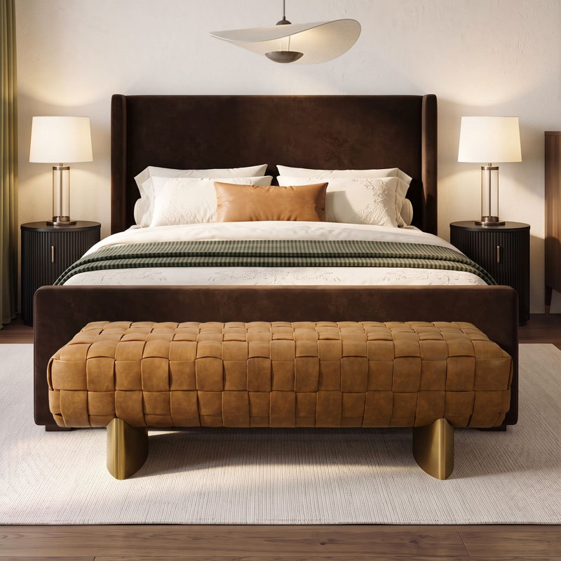 Banc rembourré en cuir PU de 162,5 cm de large pour entrée et chambre, Brown