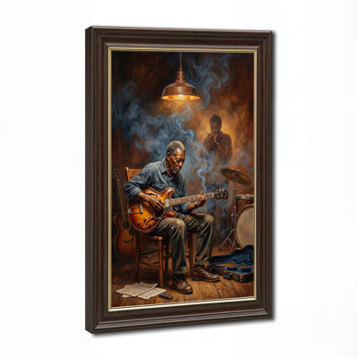 Art mural sur toile, "Guitare assise" jouant de la guitare électrique dans une chambre enfumée