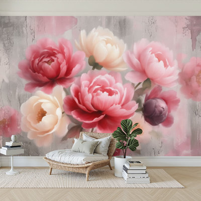 Papier peint à peler et coller, pivoines romantiques et florales, rose doux, tons de rosé, murales artistiques artistiques H 100 po x l 144 po, papier peint amovible en PVC, adhésif mural pour chambre à coucher, bureau à domicile