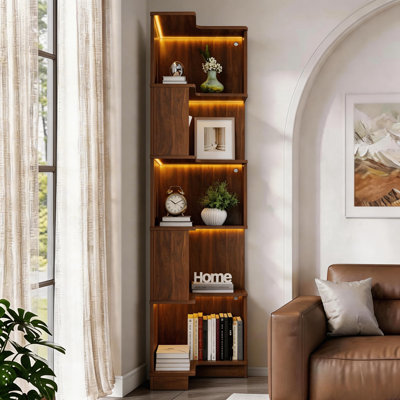 69" 5-Tier Corner Bookcase With LED Lights, L-shaped Display Shelves with Baffles, Freestanding Bookshelf for Living Room & Office