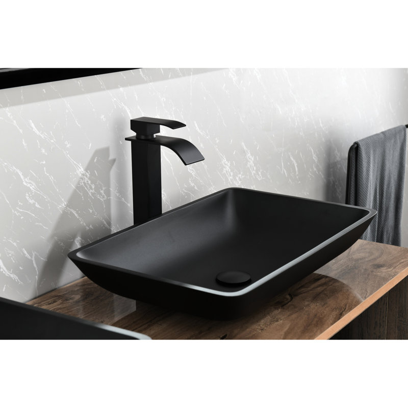 Bathroom Sink With Rectangular Matte Black - 14.38"L X 22.25"W 4-3/8"H, Fashionable Glass And Faucet 3.98 In.H