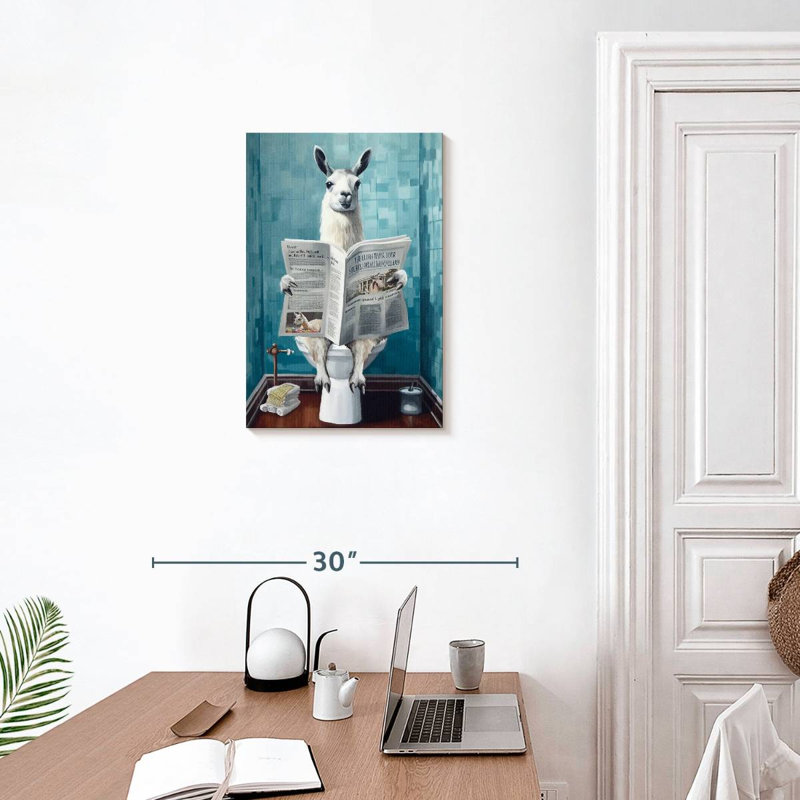 Lama sur une toilette sur toile, H 24 po x l 16 po x P 1,25 po