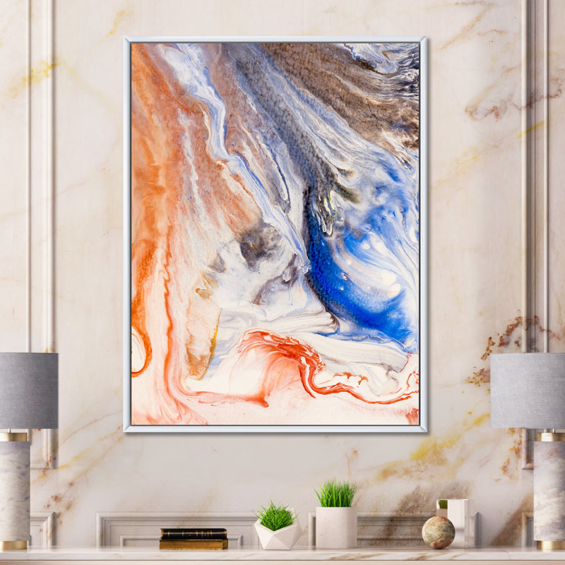 Orange et bleu, vagues de marbre liquide - reproduction sur toile, H 44 po x l 34 po, Toile à cadre flottant blanc