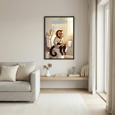 Monkey Puddle Canvas Wrapped Wall Art Featuring A Humorous Monkey In A Bathrobe Sitting On A Toilet With A Rubber Duck In A Bathroom Setting Perfect For Adding A Playful Touch To Any Room