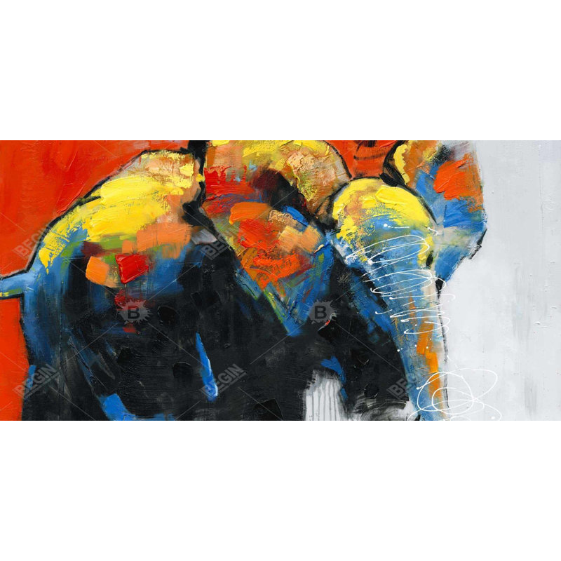 Éléphant en mouvement coloré abstrait - reproduction encadrée avec passepoil bleu