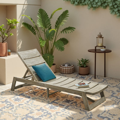 Modern Rustic 79"L Slatted Acacia Wood Patio Chaise Lounge with Adjustable Reclining Backrest for Poolside Garden Yard Terrace Deck Balcony Lawn by Winston Porter