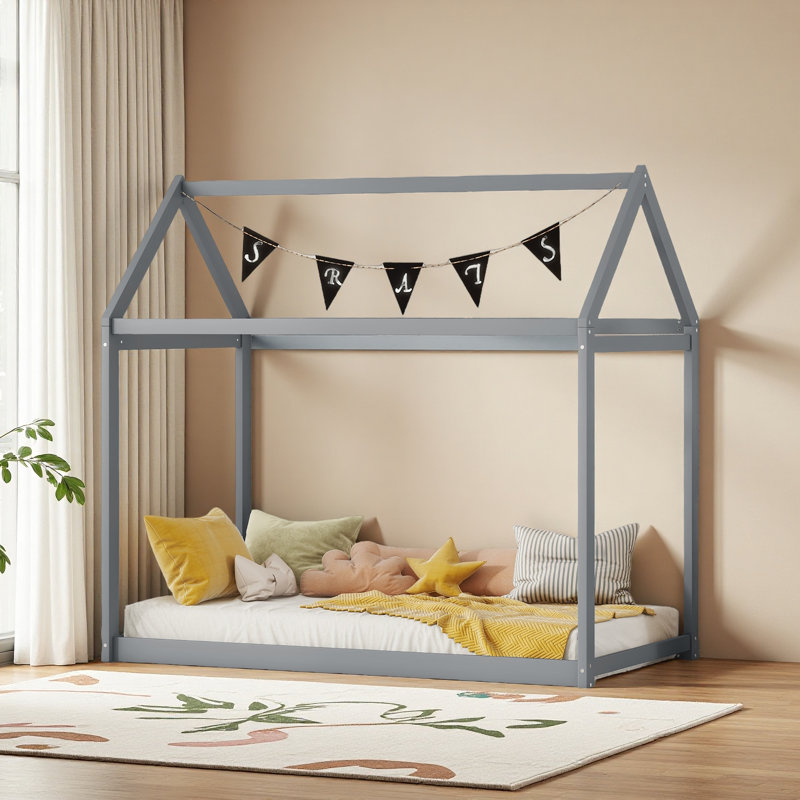 Twin Size Wooden House Bed, Grey