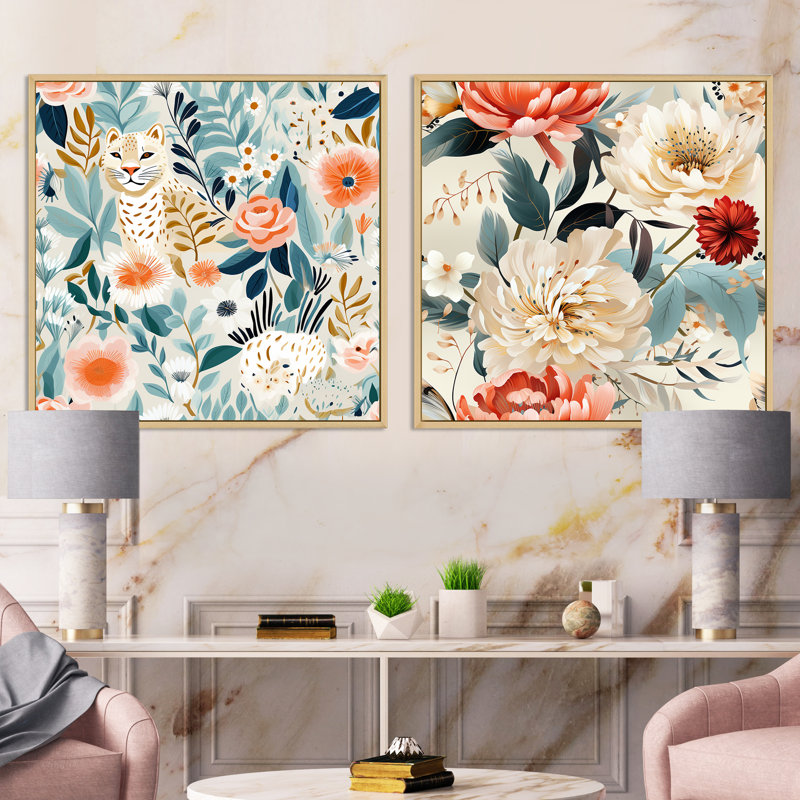 Eaubonne - Ensemble de 2 collages carrés floraux, Cadre flottant brun, H 30 po x l 61 po