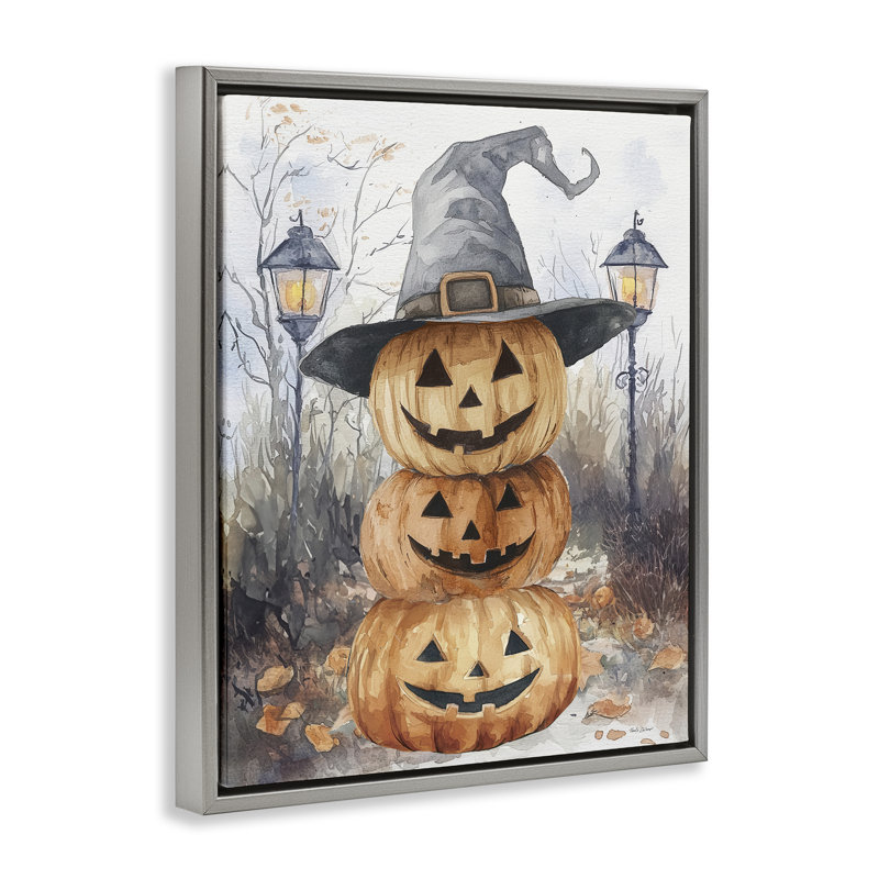 Jack-o-lanternes empilées avec cadre flottant de chapeau de sorcière, design par Nicole DeCamp, H 21 po x l 17 po