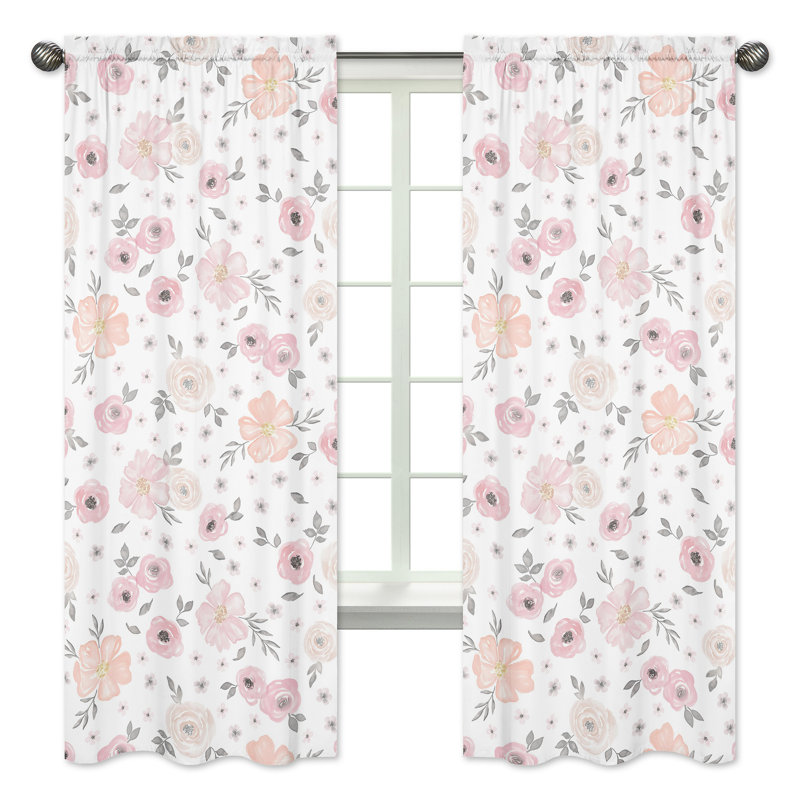 White and Pink Floral Polyester Kids Window Curtain Panels