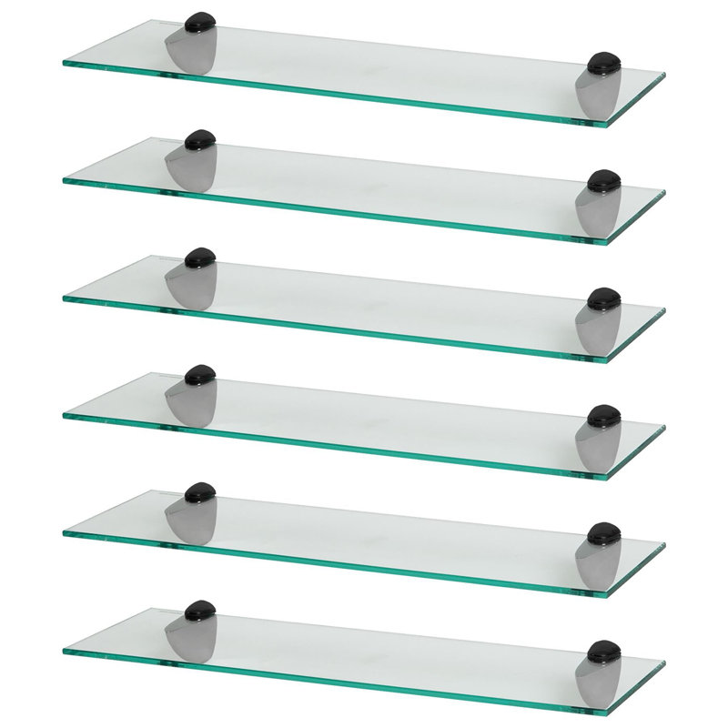 Harbour Housewares - Floating Glass Shelves with Metallic Brackets - Set of 6, Black, 13 H x 60 W x 0.5 D cm