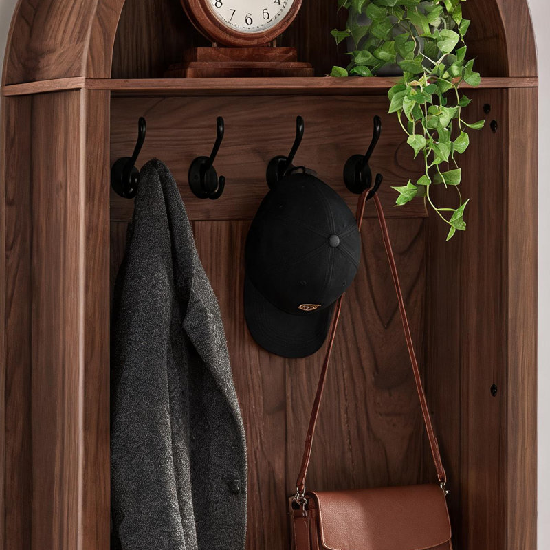 70.8-Inch Walnut-Colored Farmhouse-Style Arched Coat Rack With Hooks, Cabinet Door Stool, Multi-Functional Storage For Entryway And Hallway.