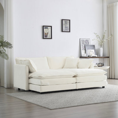 4 canapés modulaires avec 2 places et repose-pieds, construction en bois de chenille blanc, tissu respirant de luxe, option de sièges confortables