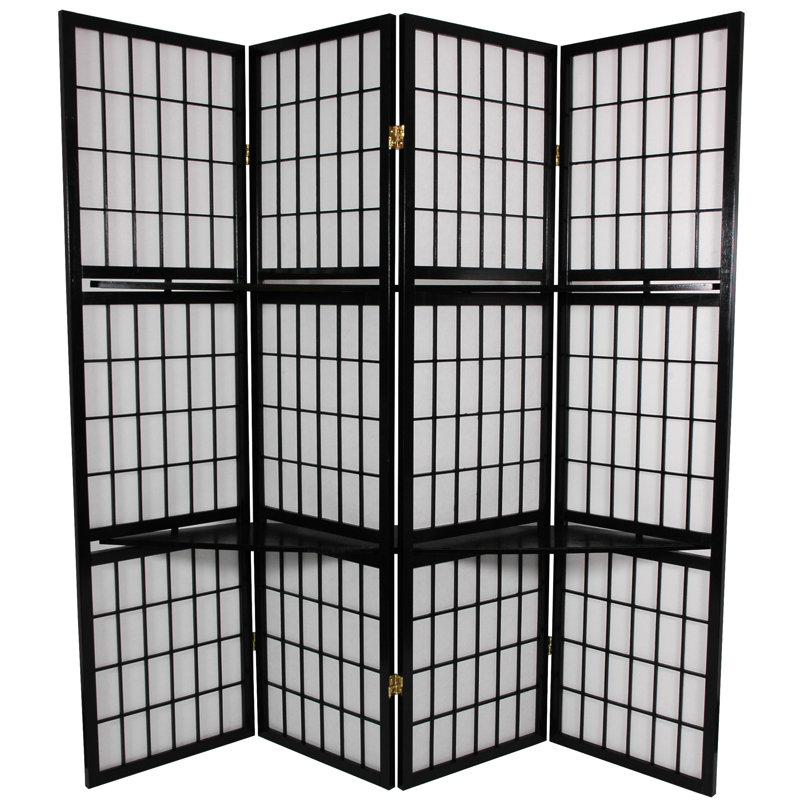 5 1/2 Ft. Tall Window Pane With Shelf Room Divider - Honey - 4 Panels, Black, 70.75" H x 51" W
