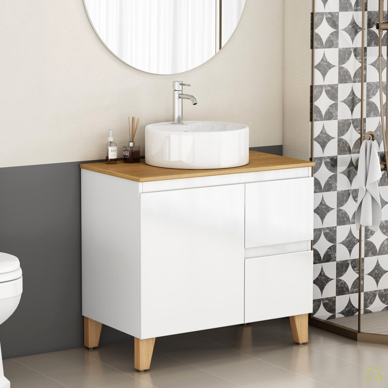 Ensemble de meuble-lavabo moderne de 31,5 po avec lavabo combiné, 1 porte et 2 grands tiroirs, système de cloisonnement doux, conception sans poignée, comptoir et pieds en bois massif naturel, lavabo rond en céramique sur le comptoir