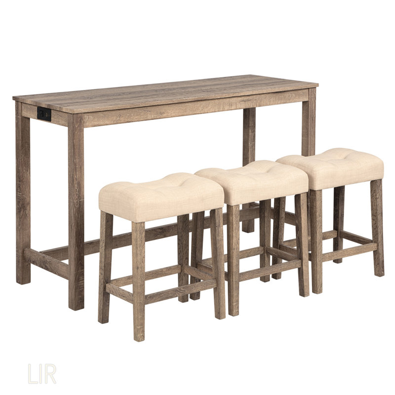Ensemble de table de bar 4 pièces avec prise de courant, tabourets rembourrés et design rustique pour les espaces de vie modernes