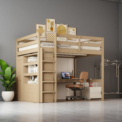 Lit mezzanine double en bois avec garde-robe intégrée, bureau, tablettes de rangement et tiroirs