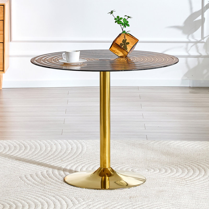Table ronde légère en verre de luxe de 35 pouces de diamètre. Pilier en métal. Négociation, table basse, table de salle à manger. Convient aux petits espaces de salle à manger de 2 à 4 personnes.