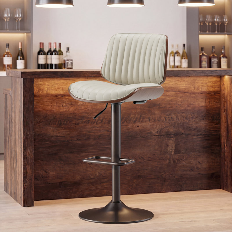 Modern Swivel 26”H Barstools, Adjustable Height Counter Stools With Bentwood, Faux Leather Upholstered Bar Stools With Footrest For Bar, Kitchen, Dining Room