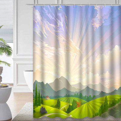 Summer Green Grass Road Cloud Forest Shower Curtain with 12 Hooks
