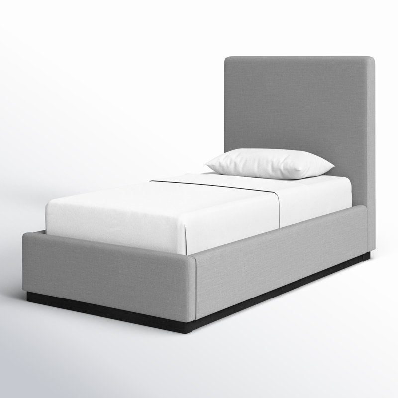 Lit à panneau tapissier Citori, Tissu texturé en lin gris, Simple