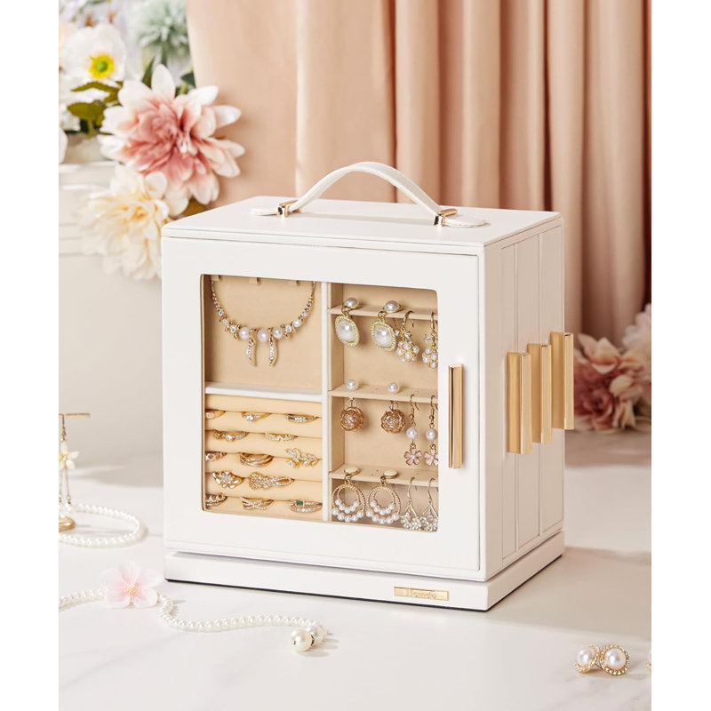 Jewellery Box 360° Rotating, Necklace Earring Organizer with Transparent Window, Mirror
