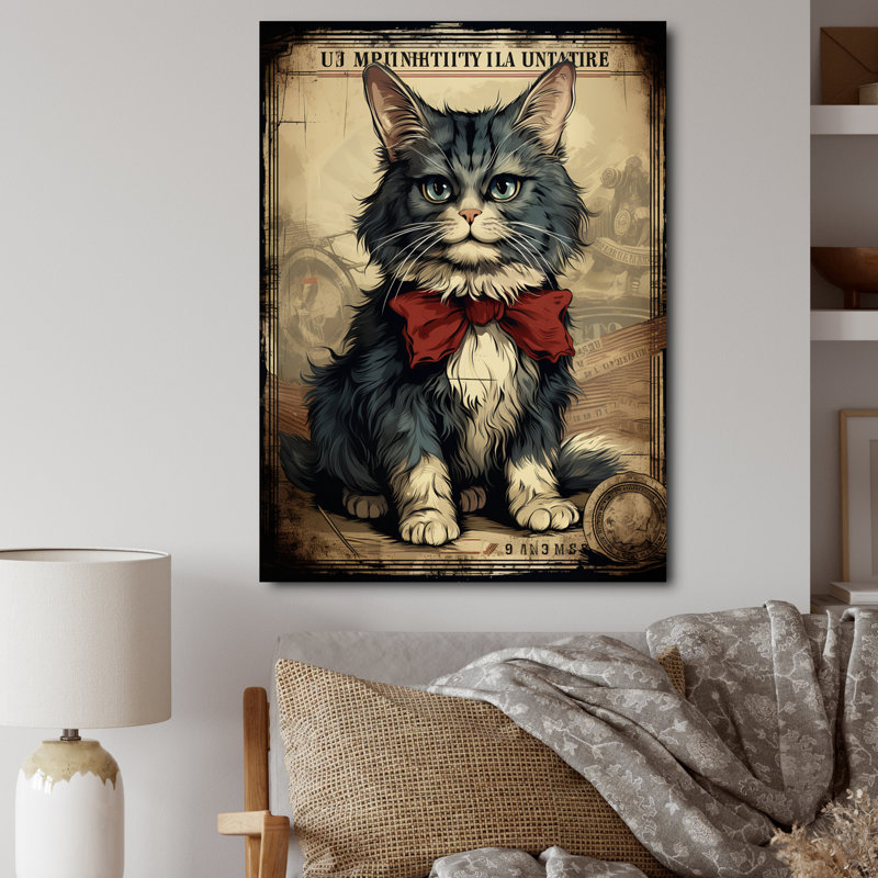 Illustration d'un chat avec un arc rouge, Toile tendue, H 44 po x l 34 po x P 1,5 po