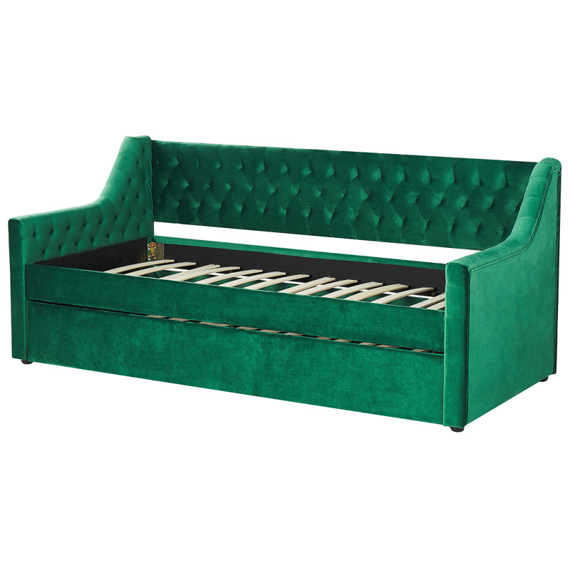 Picidae Upholstered Daybed with Trundle, Green, European Single (90 x 200cm)